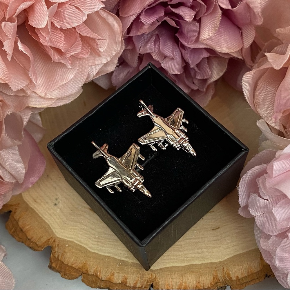 Silver Military Fighter Jet Airplane Cufflinks - Picture 13 of 15